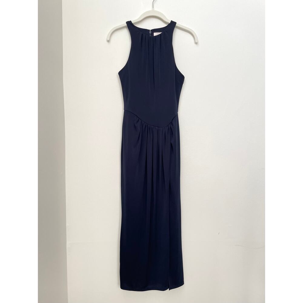 Cinq a Sept Lezlie Side Slit Maxi Dress Size 0 Navy Blue Draped Stretch Jersey
